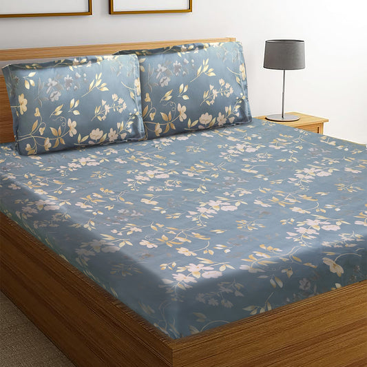 Super king (Blue and Gold) Bedsheet Size 108x108 With 2 Pillow Cover: 21X27 Inch, 300TC