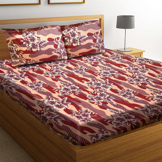 Queen (Pink and Red) Bedsheet Size 90x100 With 2 Pillow Cover: 21X27 Inch, 300TC