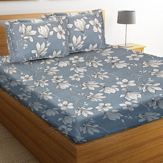 Super King (Blue and White) Bedsheet Size 108x108 With 2 Pillow Cover: 21X27 Inch, 300TC