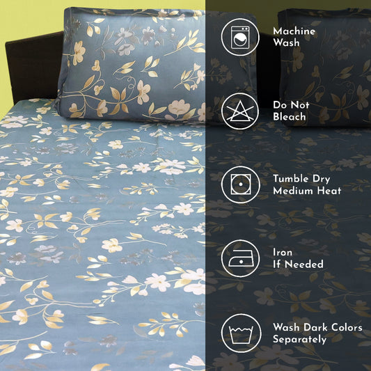 Super king (Blue and Gold) Bedsheet Size 108x108 With 2 Pillow Cover: 21X27 Inch, 300TC