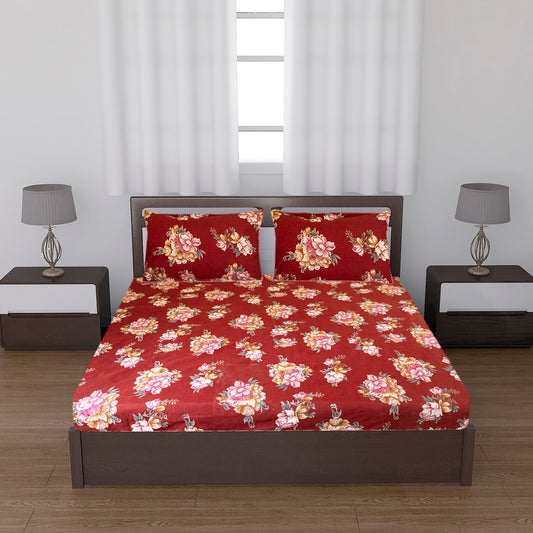 Queen (Maroon and Pink) Bedsheet Size 90x100 With 2 Pillow Cover: 21X27 Inch, 300TC